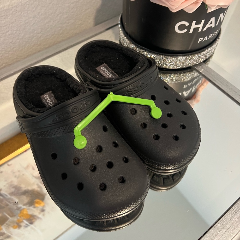 CROCS Black Clogs with Neon Green Strap
